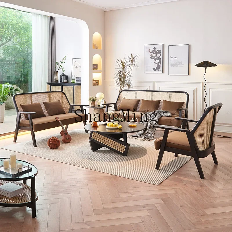FG solid wood sofa combination household living room small apartment rattan sofa modern simple three person