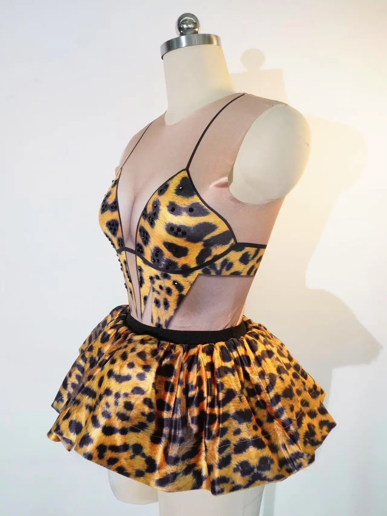 여성 파티 미니 스커트 투피스 레오파드 프린트 폴 댄스 세트 섹시 무대 공연 세트 나이트 클럽 세트 무대 공연 의상