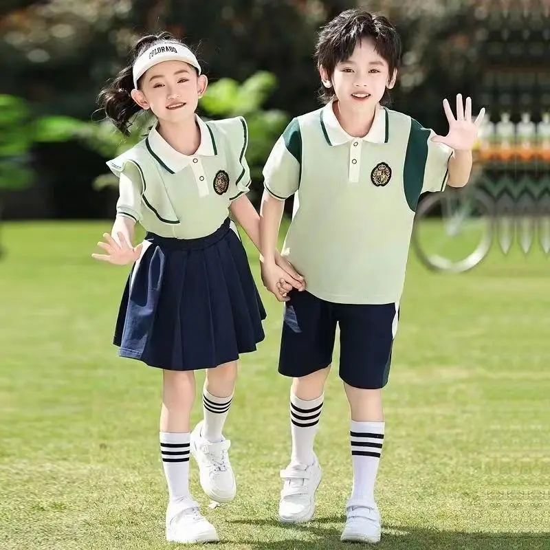 Vestido de verano de dos piezas para niños, traje de clase de estilo británico, manga corta, uniforme de escuela primaria