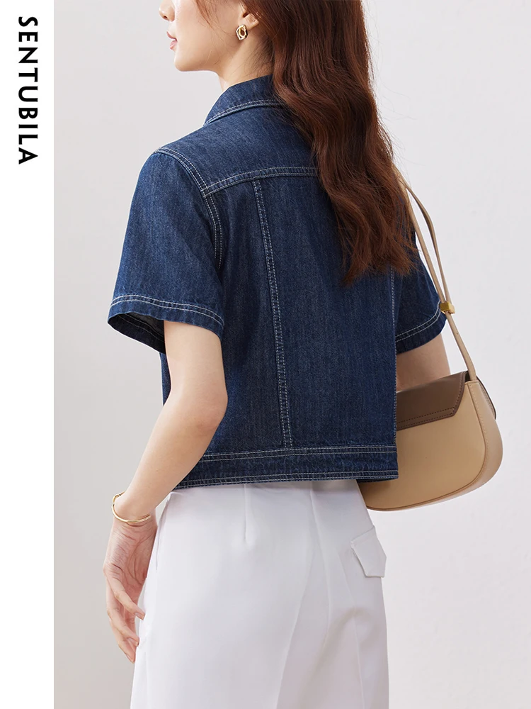 SENTUBILA Crop Denim Jacket for Women 2024 Summer New Short Sleeve Lapel Loose Washed Jean Jacket Short Outwear Tops W32W49665