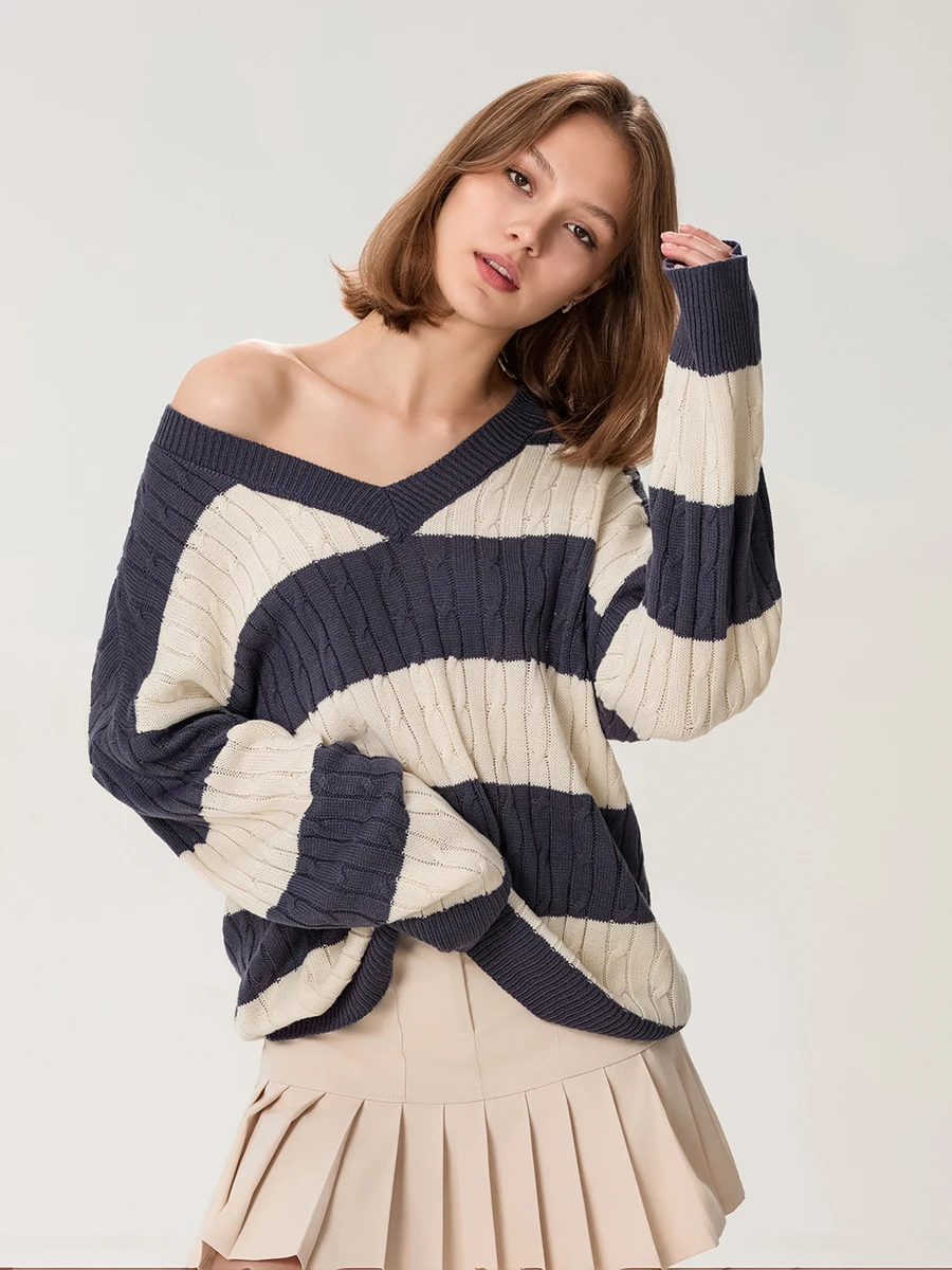 wsevypo Women Cable Knitted Sweaters Fall Winter Classic Retro Striped V Neck Pullovers Jumpers for Streetwear Warm Knitwear