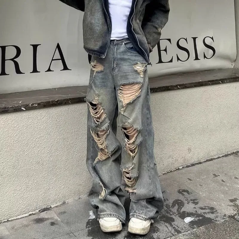 Men's Jeans Relaxed Fit Distressed Ripped Denim Pants Streetwear Summer Man Pants Washed Vintage Wide Leg Holes