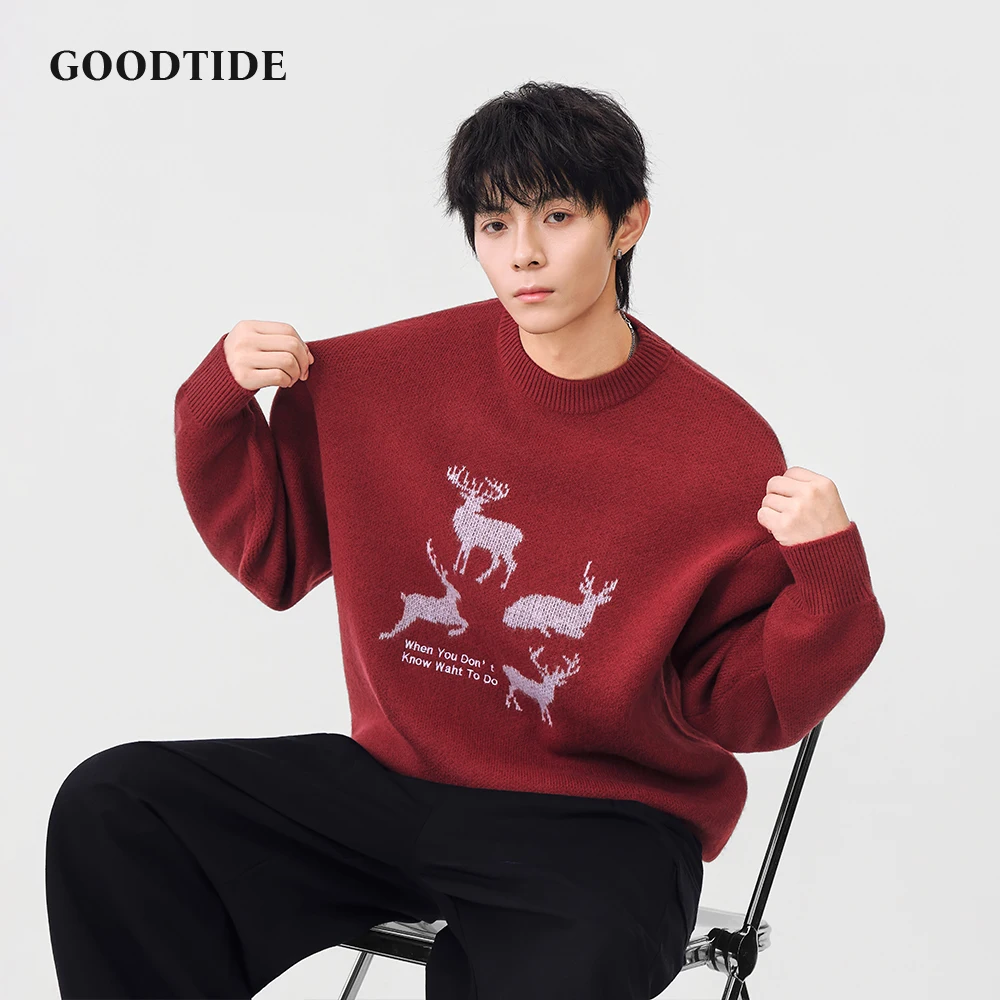 Fashion Men's Casual Crew Neck Sweater 2025 Winter Deer Pattern Letter Print Knitted Pullover Comfortable Soft Long Sleeve Top