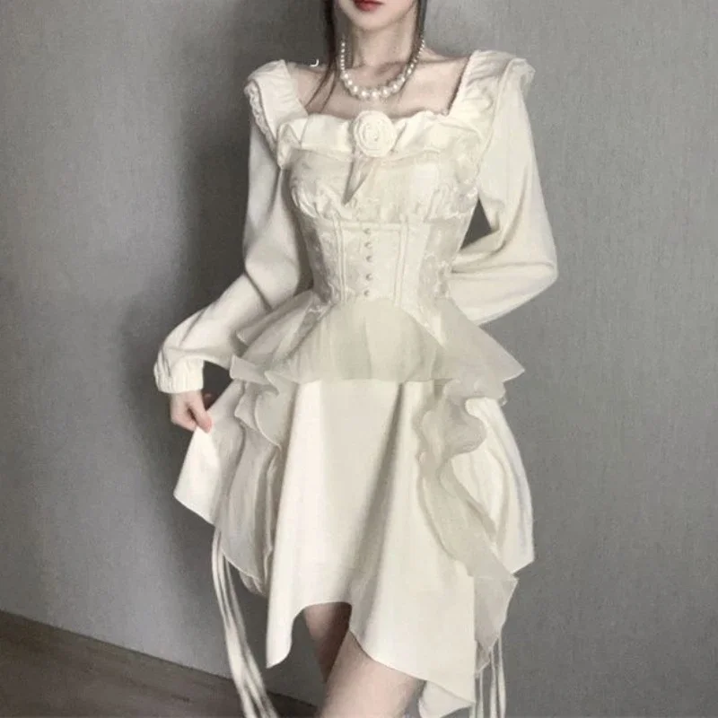 2025 New Women's Long Sleeved Dress Exudes Sense Luxury Temperament and Slim Stylish Waist  Neckline Irregular Princess Dresses