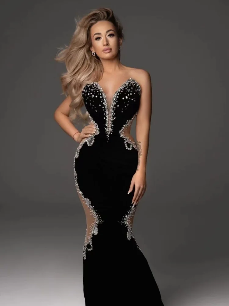 

New Women Sexy Strapless Sewn Beaded Mirror Black Long Bandage Dress Elegant Trumpet Evening Birthday Party Maxi Dress