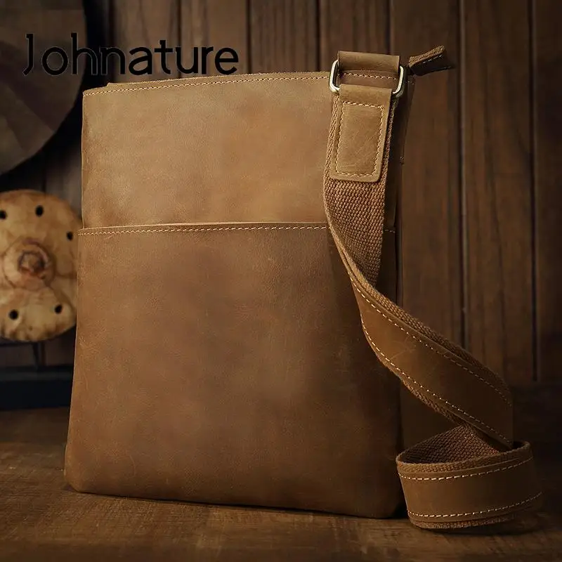 Johnature 2024 New Handmade Crazy Horse Leather Men Messenger Bag Vintage Versatile Natural Real Cowhide Shoulder Bags