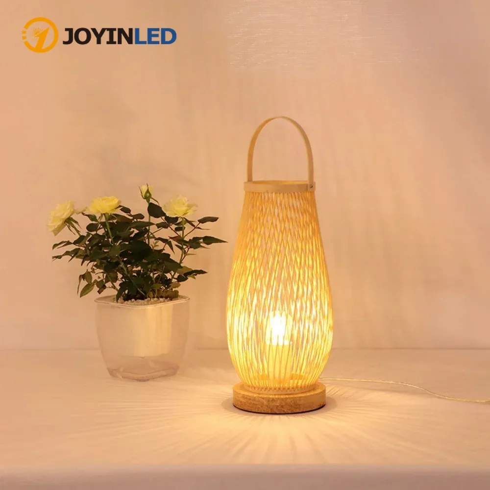 

JOYINLED Bamboo Table Lamp Japanese Style Rattan Desk Light Natural Bedside Lamp for Bedroom Living Room Eco-Friendly Home Decor