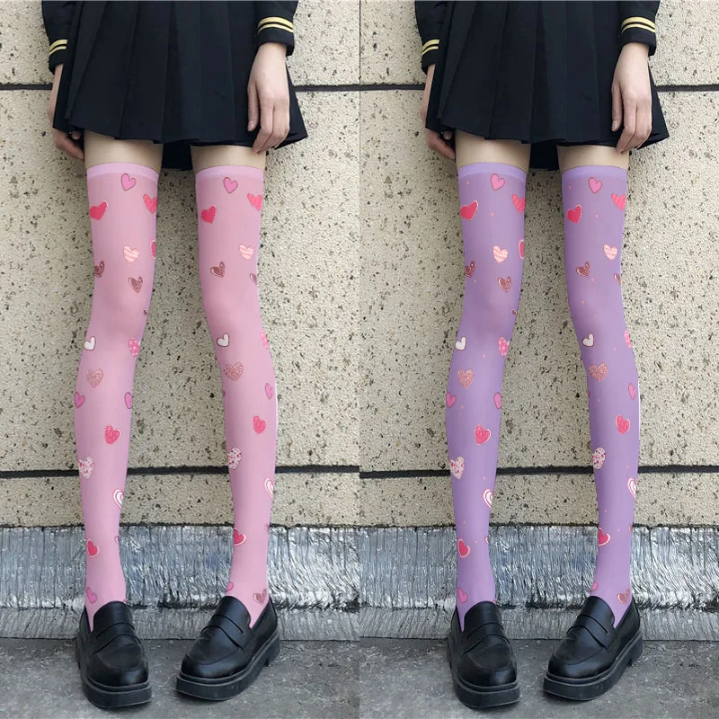 Women's Stockings Printed Silk Thin Japanese Lolita Cute Anime Over-the-knee Long White Velvet Socks Purple Color Simple Girls