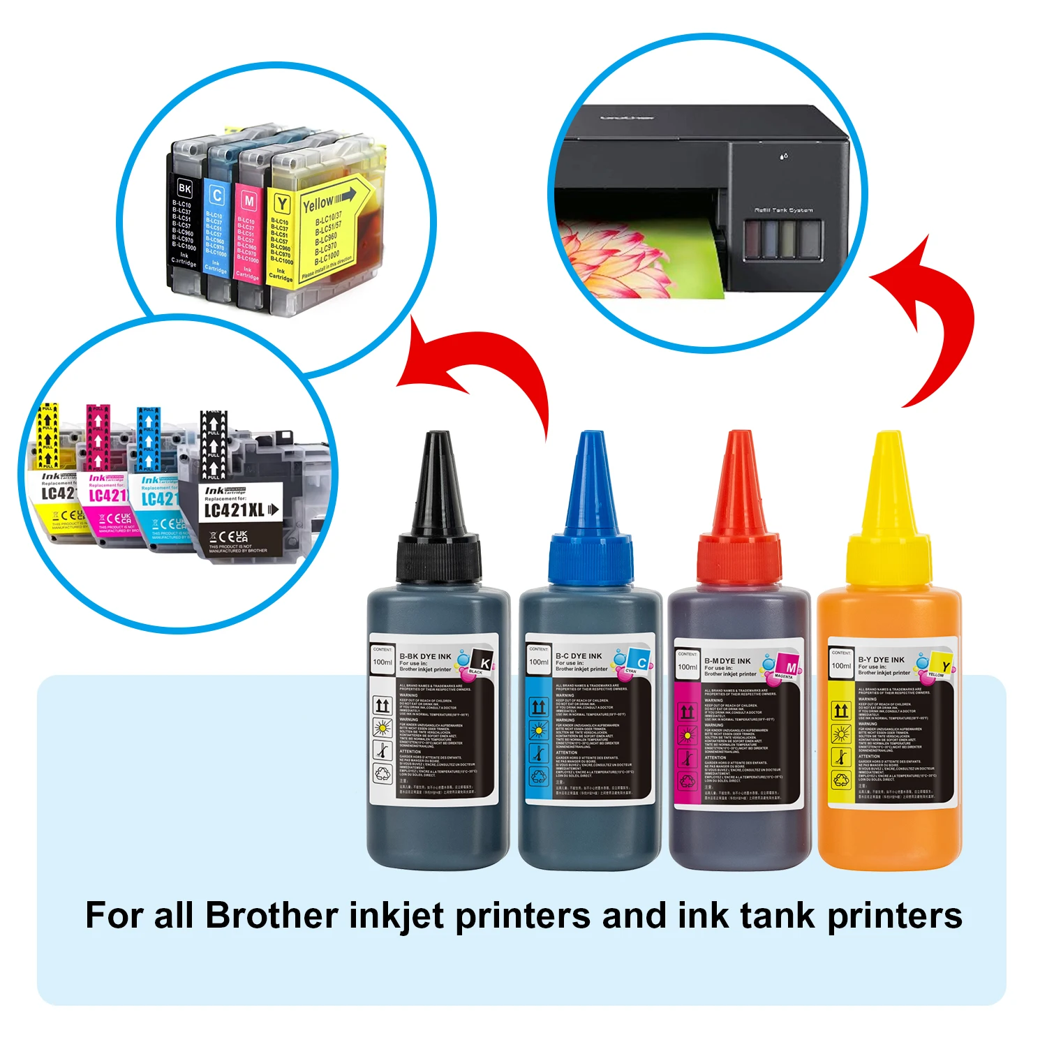 Brother Universal Dye Ink Refill Kit for Brother Inkjet Printer Cartridges and Ink Tank Printers