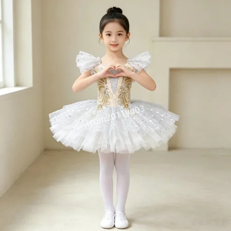 Kids Silver Sequin Ballet Dress Girls Modern Dance Skirts Children's Tutu Party Princess Costume for Performance