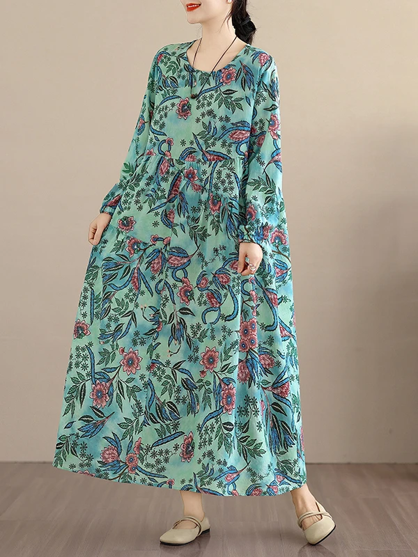 กระโปรงยาวทรงหลวมพิมพ์ลายศิลปะย้อนยุคสำหรับผู้หญิง ฤดูใบไม้ผลิ ฤดูใบไม้ร่วง ผ้าฝ้ายลินิน แต่งลูกไม้ลายดอกไม้