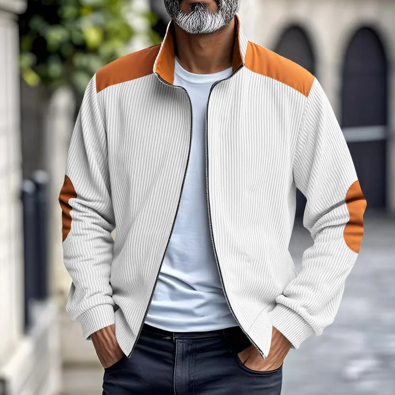 Herren Stehkragen Cordjacke, Farbblock-Design, Reißverschluss-Mantel, Retro, Locker Geschnitten, Lässig, Langarm, Herbst-Winter, Alltag, Streetwear – Detail 9