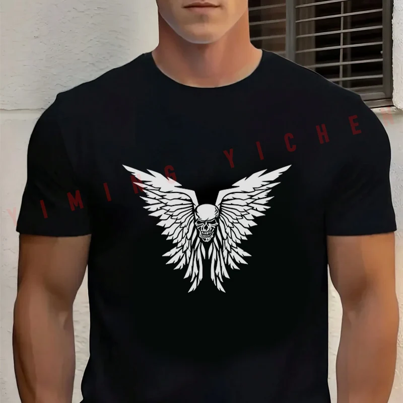 

Men's Summer Cotton T-shirt Classic Skull And Wings Funny Design Motorcycle TShirt Short Sleeved Casual Basic O-Neck Unisex Tops