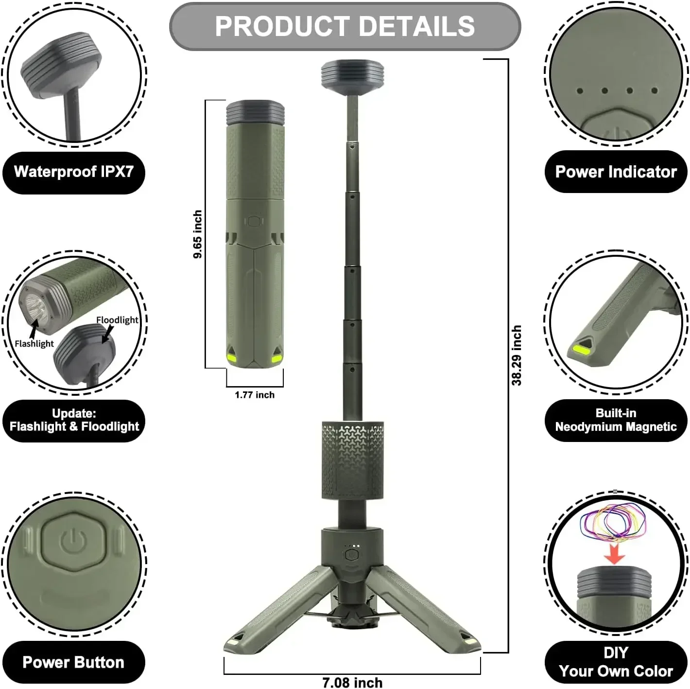 Telescopic and Collapsible Camping Lanterns with 2 Light Sources, Mobile Lighting, 10500mAh Battery, Flash Light