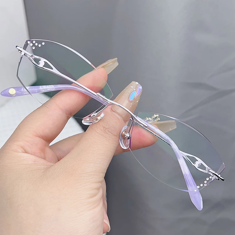 New Fashion Women Shining Diamond Rimless Glasses Tinted Lenses Optical Eyewear Myopia Eyeglasses Anti-Reflection UV Gorgeously