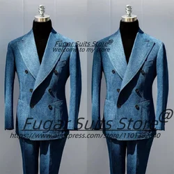 Korean style Denim Fabric Men Suits Tailor Made Double Breasted Groom Party Tuxedos 2 Pcs Sets Handsome Male Blazers Ropa Hombre