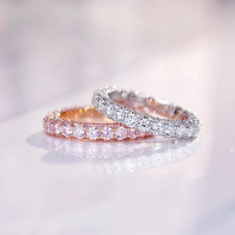 925 Sterling Silver Three Sides Full Moissanite Eternity Band All Around Diamond Wedding Ring Women Bridal Stack Fine Jewelry
