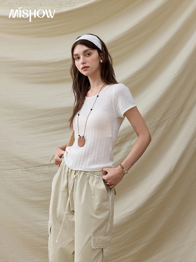 Mishow escritório senhora camisetas femininas verão 2025 manga curta em torno do pescoço sólido emagrecimento camisa de malha moda feminina mxe34z1257