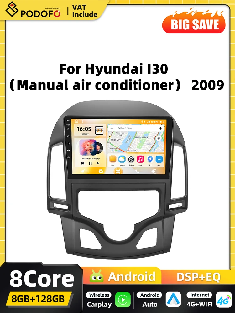Podofo 8+128G Bezprzewodowy Carplay 2DIN Android Samochodowy Odtwarzacz Multimedialny do Hyundai I30 2009 Inteligentne Systemy GPS 4G WIFI FM RDS — 2