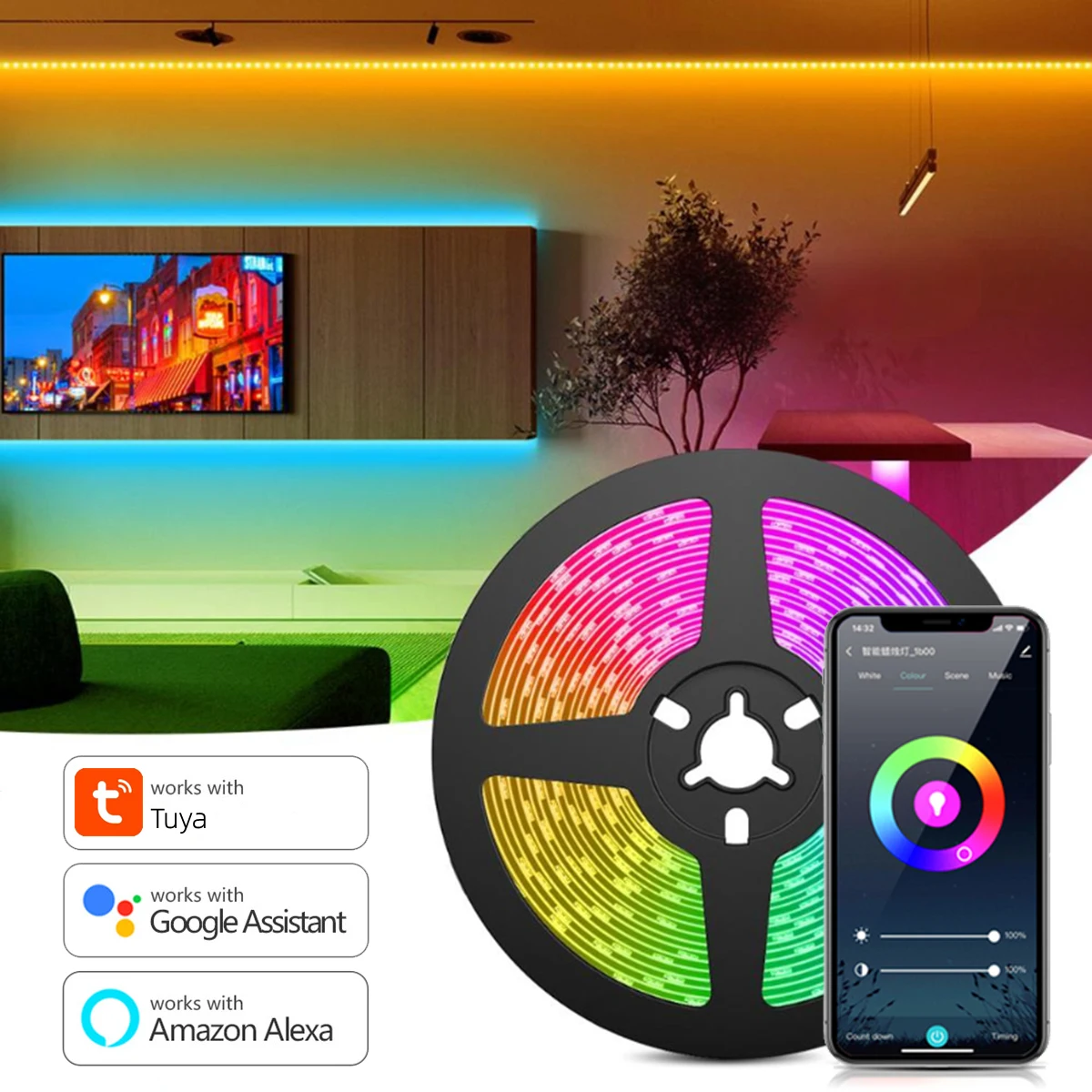 

Tuya Smart Home Control RGB LED Strip Wifi APP Voice Control Sync to Music Coloful Ambinet Light for GameRoom for Alexa/Google