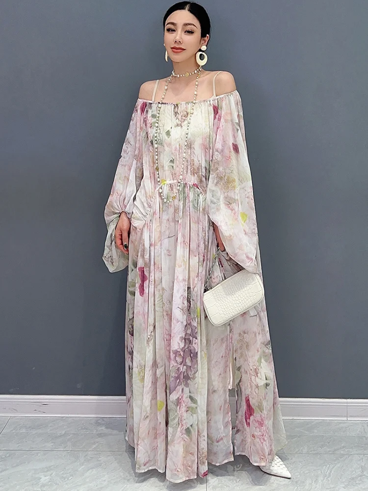 SHENGPALAE Chiffon Printed Long Dresses Loose Big Swing Elegant Fashion Chic Women\'s Dress Clothes 2024 Spring Summer New 5R9755