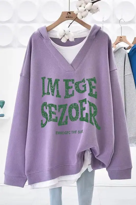 

Свободная весенне-осенняя праздничная толстовка из двух частей с капюшоном и v-образным вырезом с длинными рукавами для женщин, универсальный пуловер