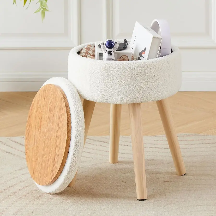Storage Ottoman Foot Stool Teddy Velvet Round Vanity Stool Tray Top Footstool with Wood Legs Upholstered Foot Rest Ottoman for L