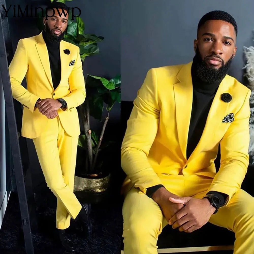 

YiMinpwp Yellow Men's Suits for Wedding One Breasted Satin 2 Pieces Slim Fit Blazer Sets Male Clothing Groomsmen Suits XS-5XL