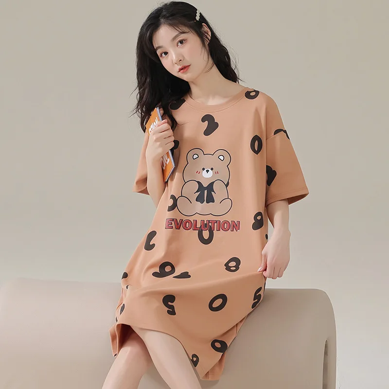 Women Pajamas Homewear Large Size Thin Cute Short-Sleeved Nightgown Cartoon Section of The Mid-Length Skirt Can Be Worn Outside