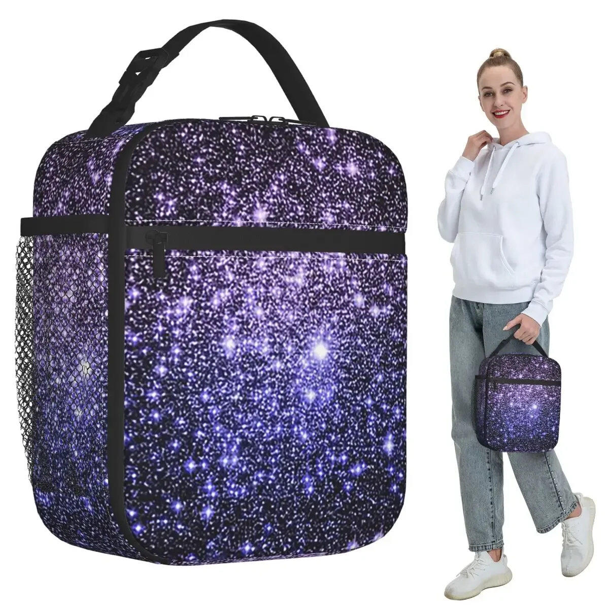 Galaxy Sparkle Stars Lavender Periwinkle Blue Ombre Insulated Lunch Bag Office Cooler Thermal Food Box Tote Leakproof Lunch Boxe