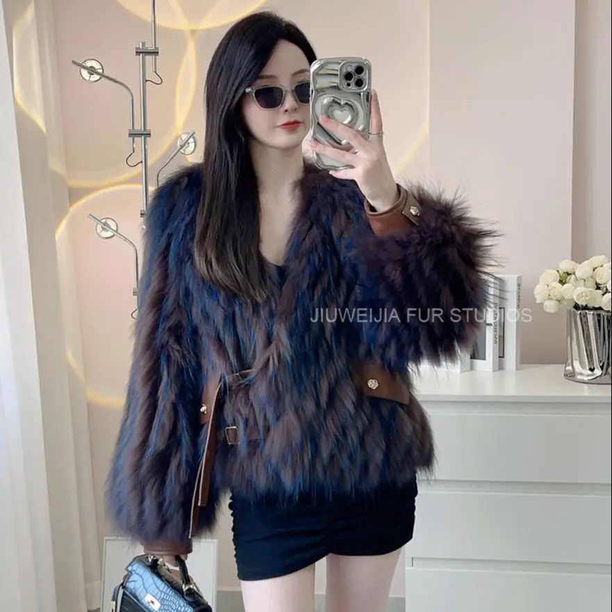 

Hot Sales 2023 New Young Fashion Winter Women's Jacket Fur Strip Sewed Toghter Short style High-End Fox Fur Raccoon Fur Coat