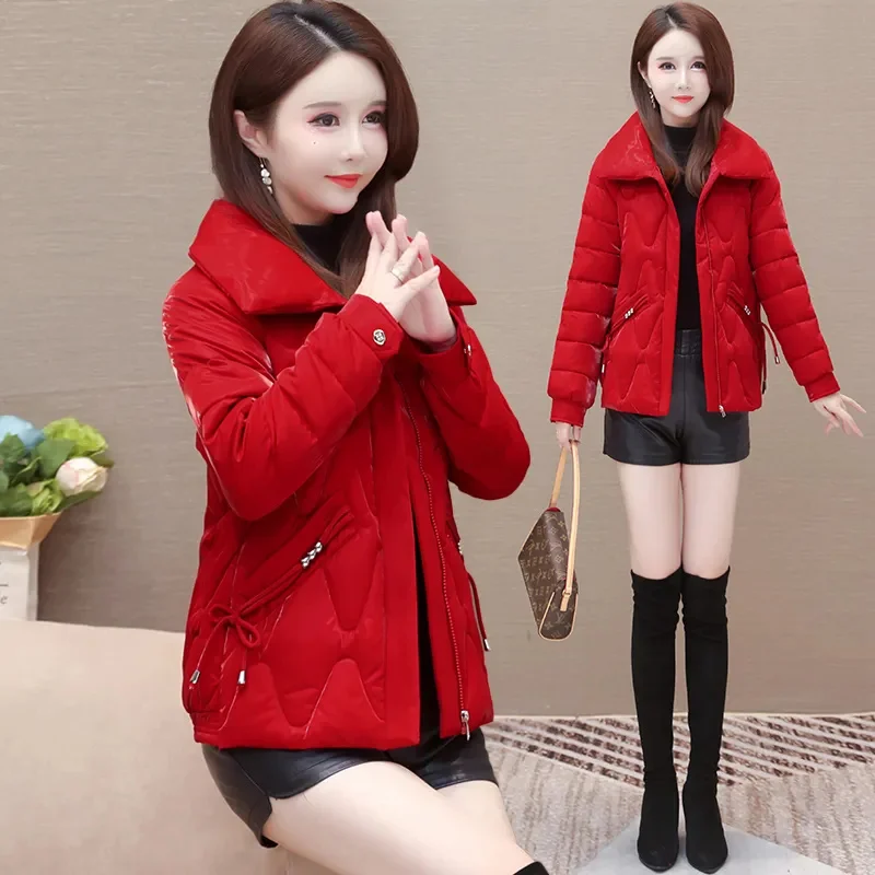 Winter Short Glossy Cotton Jacket Women New Loose Wide Lapel Coat Pure Colour Fashion Pocket Outerwear Thicken Overcoat Female