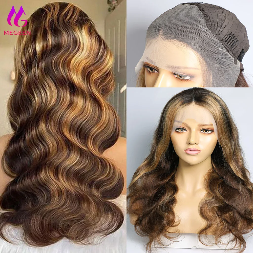 

Megeen P4/27 Highlight Body Wave 13X4 Transparent Lace Front Wig 13X4 Lace Frontal Wig Human Hair Honey Blonde Ombre Colored Wig