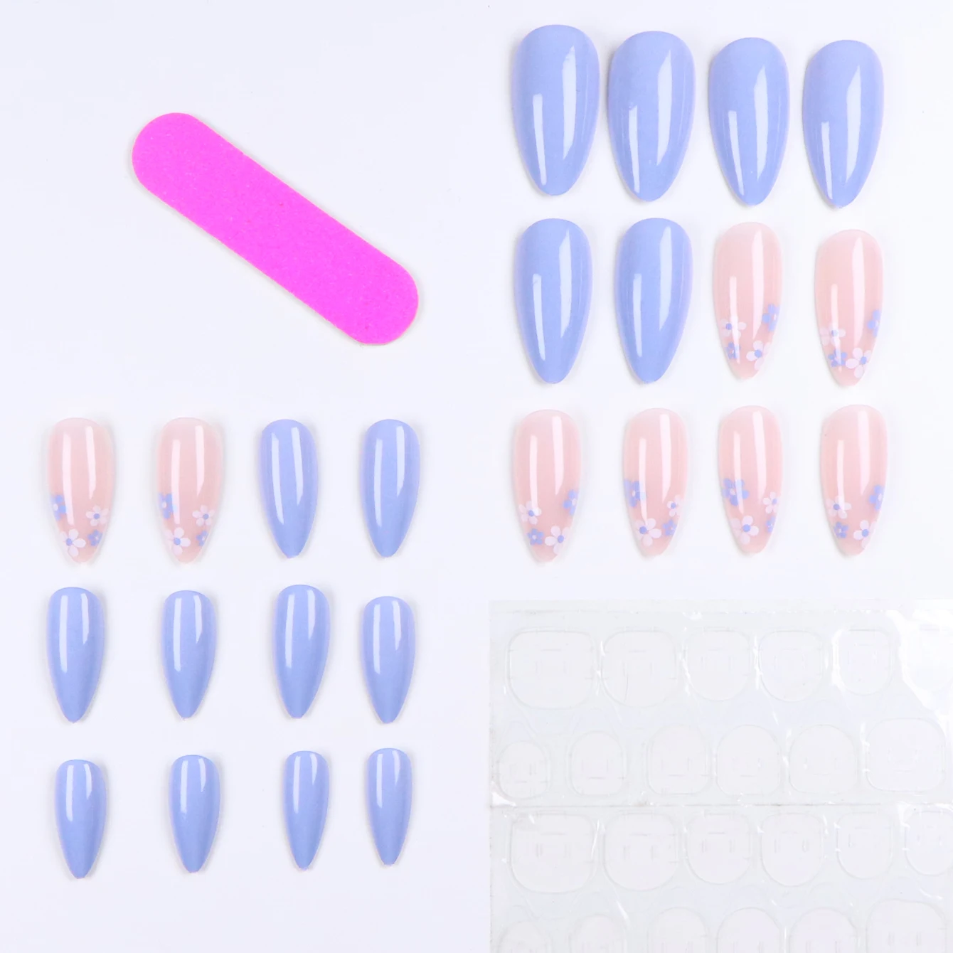 24개 블루 & 화이트 플라워 디자인 아몬드 모양 네일 팁 세트 (네일 파일 1개 & 네일 글루 스티커 1개 포함)로 당신의 룩을 업그레이드하세요