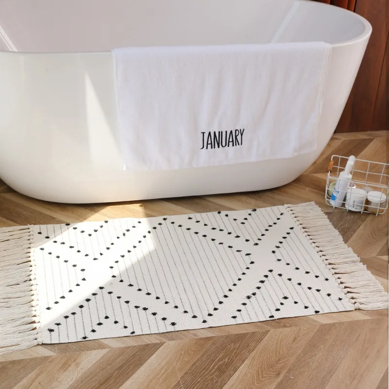 

Nordic Cotton Linen Flower Cut Carpet Household Living Room White Black Large Printing Tassel Mat Bedroom Bedside Strip Bed Mat