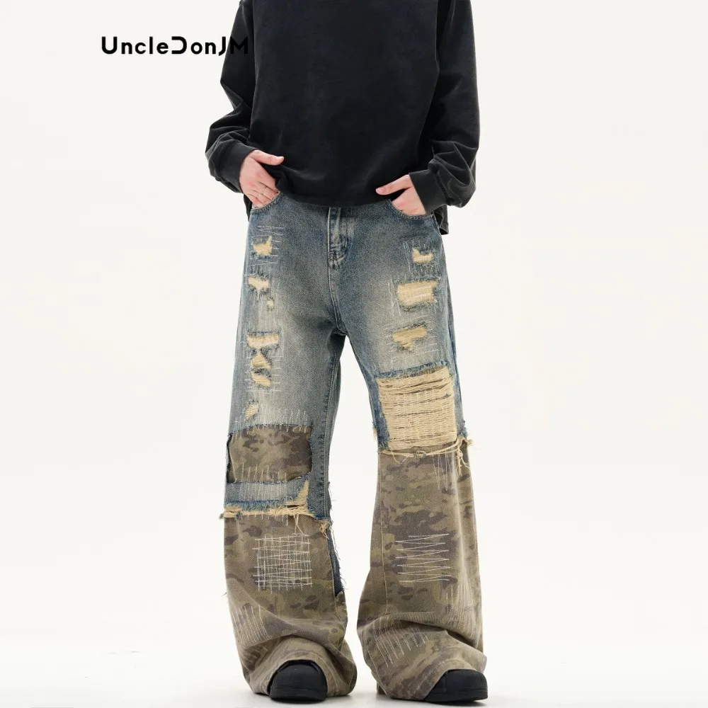 Camouflage splicing ripped jeans embroidery washed pants men