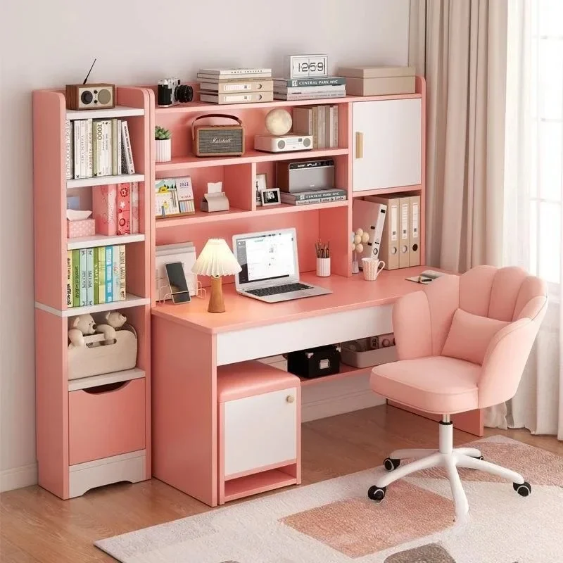 Home Study Table Children's Desk Bookcase Shelf Combination Integrated Table and Chair Set Bedroom Children's Writing Table