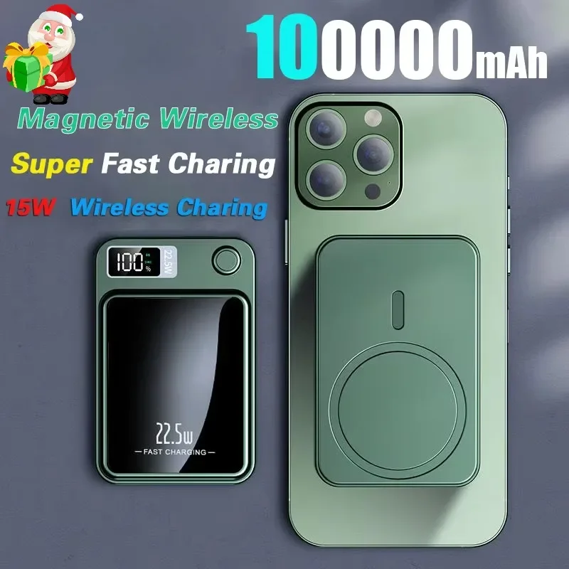 

100000mAh Magnetic Wireless Power Bank Fast Charger For Magsafe Portable Auxiliary Battery Pack For iphone Huawei Samsung