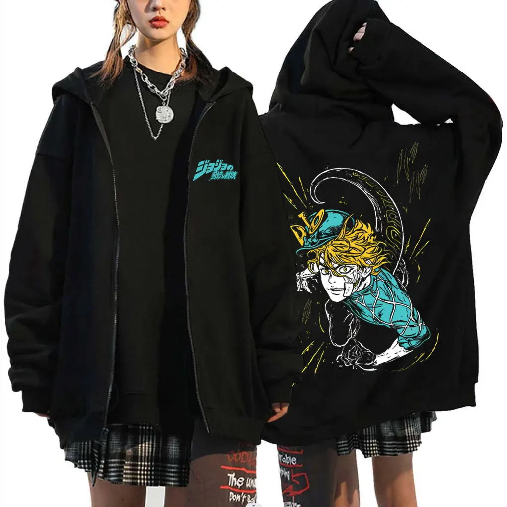 Anime Jojo's Bizarre Adventure Diego Brando Merch Zipper Hoodie Men Women Fleece Cotton Zip Up Jacket Cartoon Cosplay Streetwear