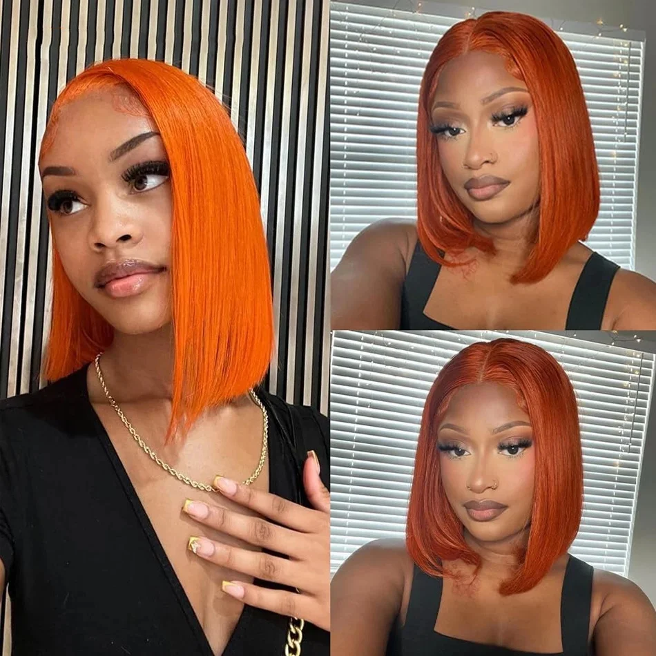 Lace Transparent Frontal Wigs 13X4 Straight T Part Human Hair For Black Woman Lace Front Short Bob Wig Brazilian Orange Ginger