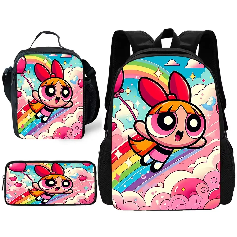 Cute P-PowerpuffS Girls 3 pcs set Child School Backpack with Lunch Bags ,Pencil Bags ,School Bags for Boys Girls Best Gift