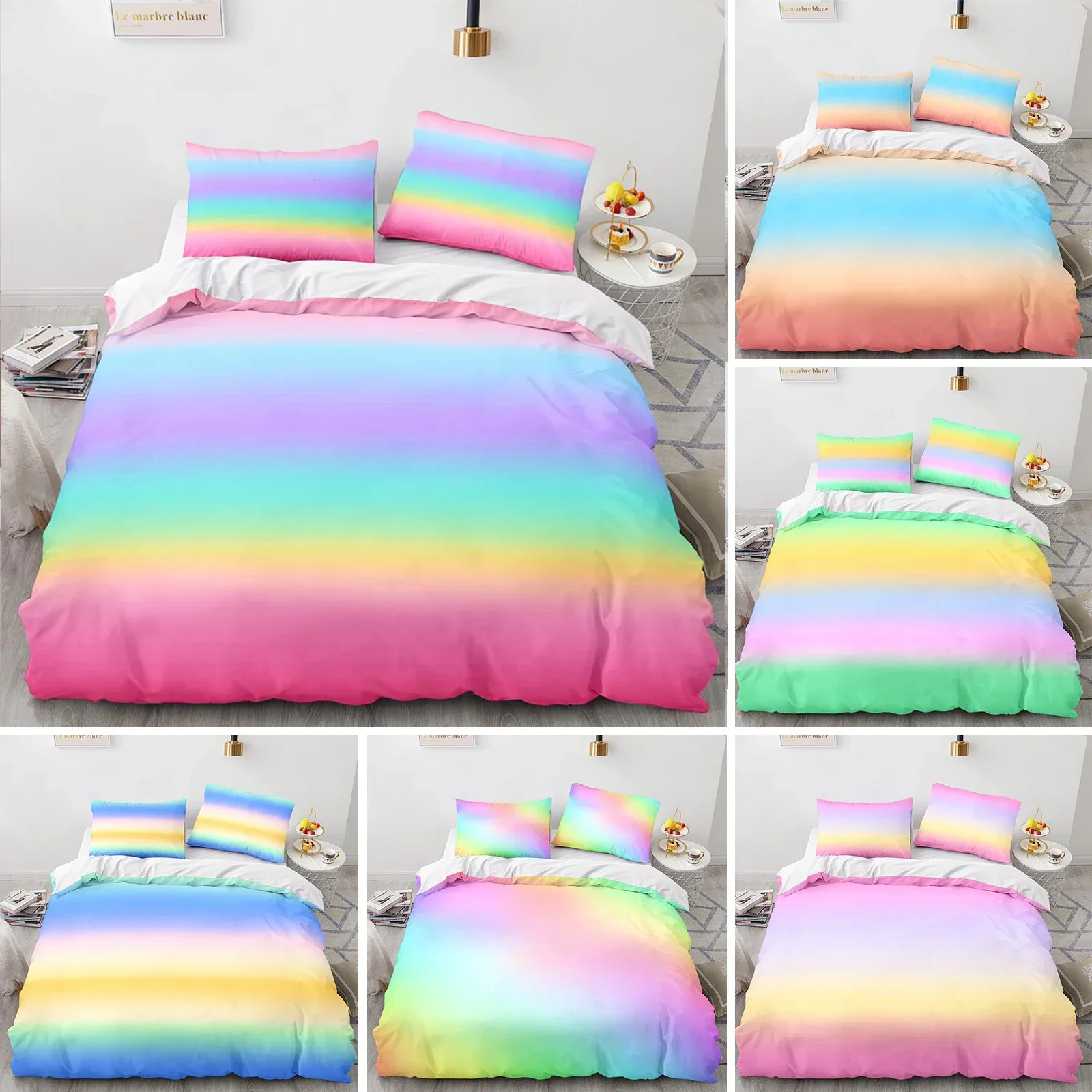 Rainbow Gradient Duvet Cover Set Queen Size Rainbow for Kids Girls Cute Style Bedding Set Polyester Single King Twin Quilt Cover