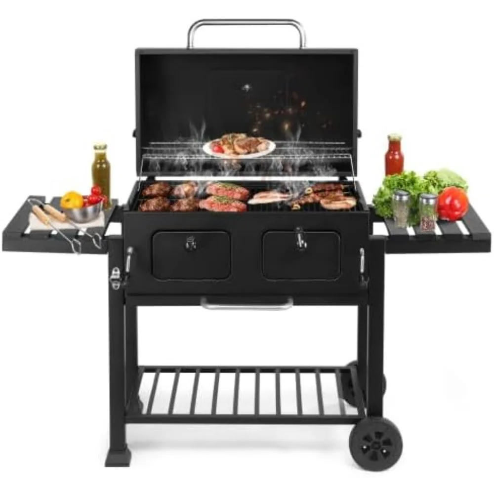 

Charcoal Grill with Two Foldable Side Tables, Extra Large Cooking Area of 794 SQIN, Two Individual Lifting Charcoal Trays, Pull