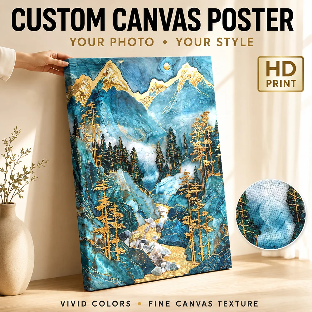 Golden Mountain Stream Art Framed Canvas Poster Custom Photo Travel Landscape Wall Art for Bedroom Hallway Decor Ready to Hang