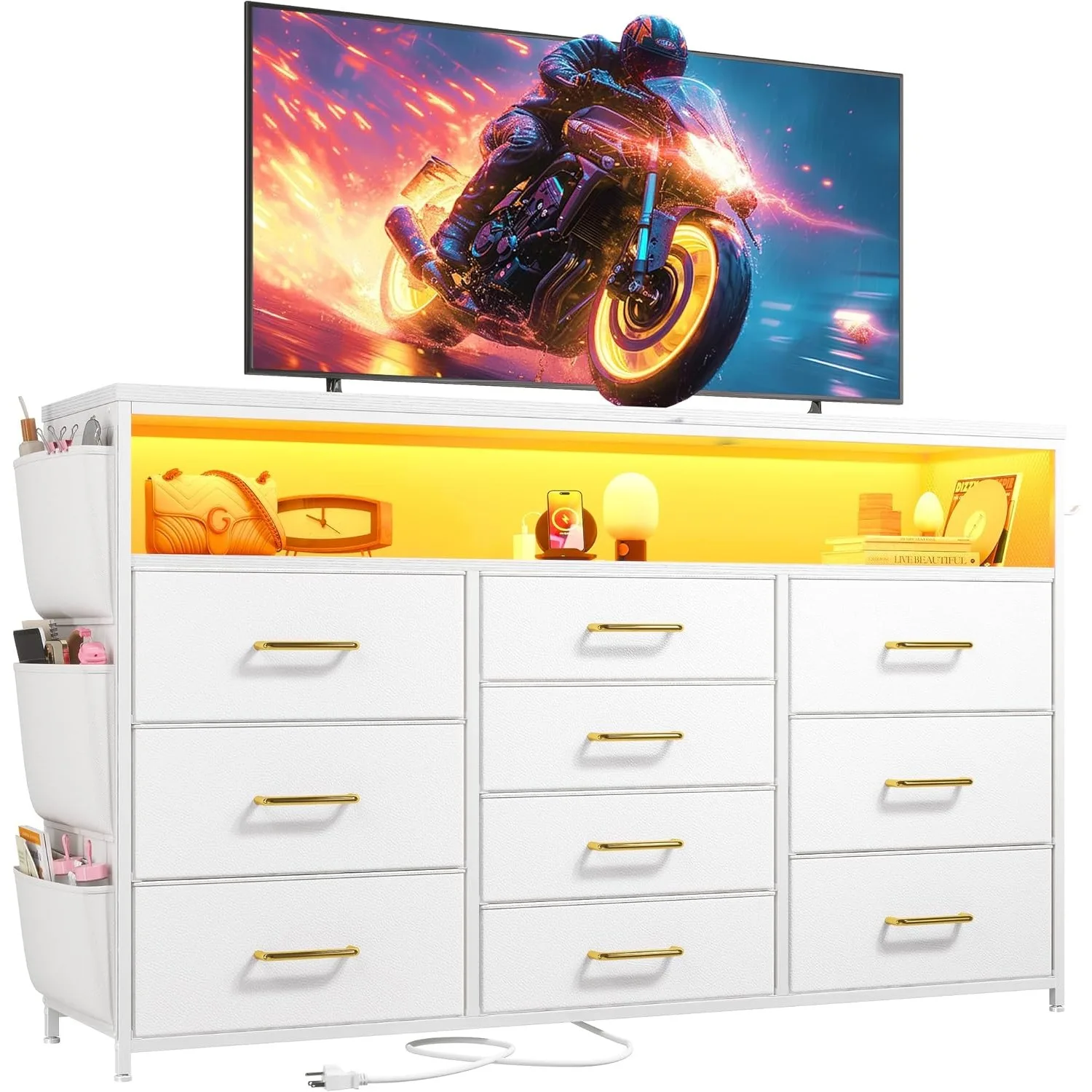 

Dresser TV Stand with 10 Drawers for 55"TV Stand for Bedroom with LED Lights&Power Outlets Wide Dresser for Bedroom with Shelves