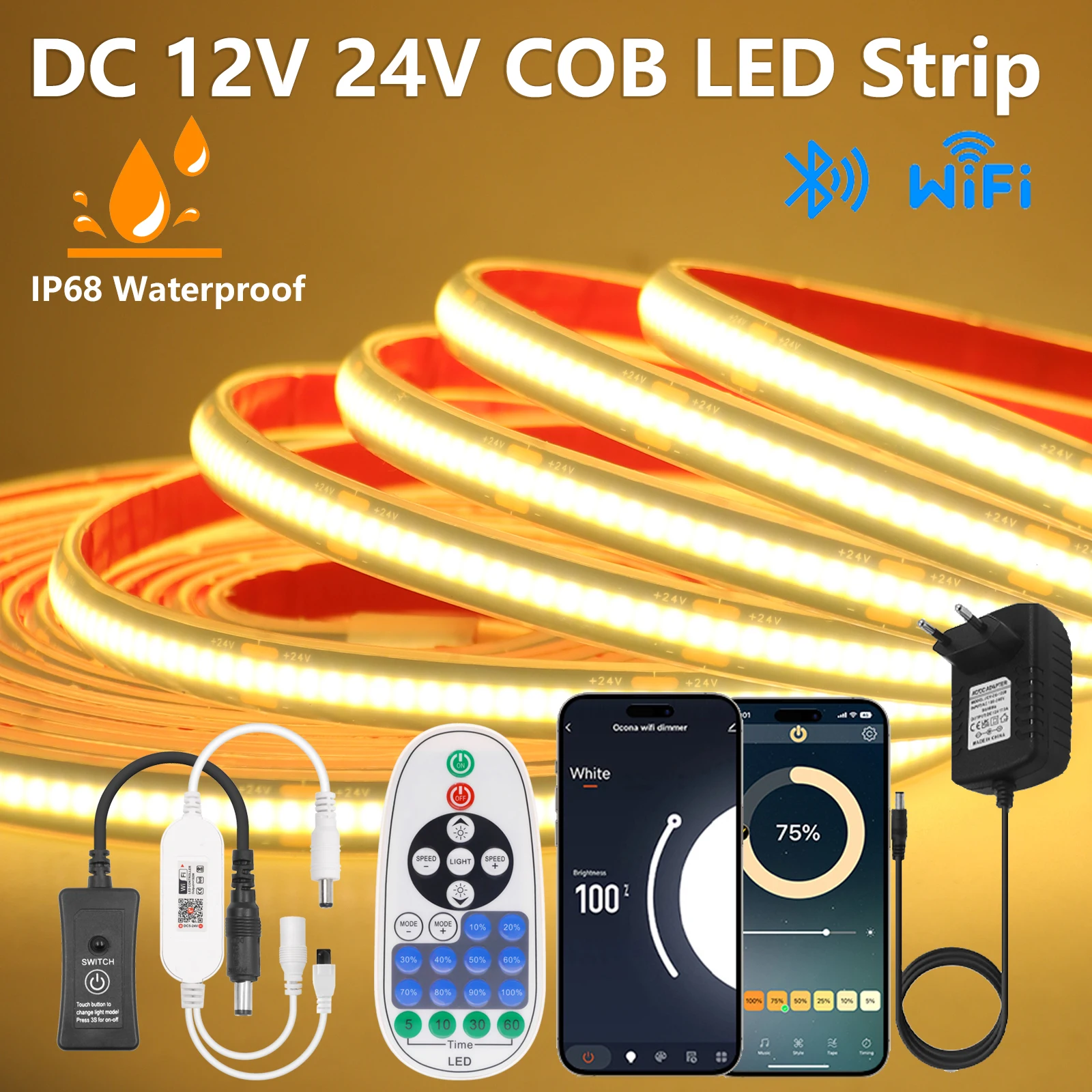 

IP68 Waterproof COB LED Strip 12V 24V 320LEDs/m Wifi Bluetooth Remote Control Black PCB RA90 High Density Flexible Tape for Home