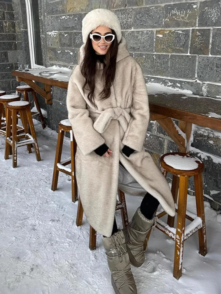 ZADORIN Luxury Long Mink Coat Woman Fashion Hooded Belted Fluffy Faux Fur Jacket Woman Clothes Ladies Winter Coats and Jackets