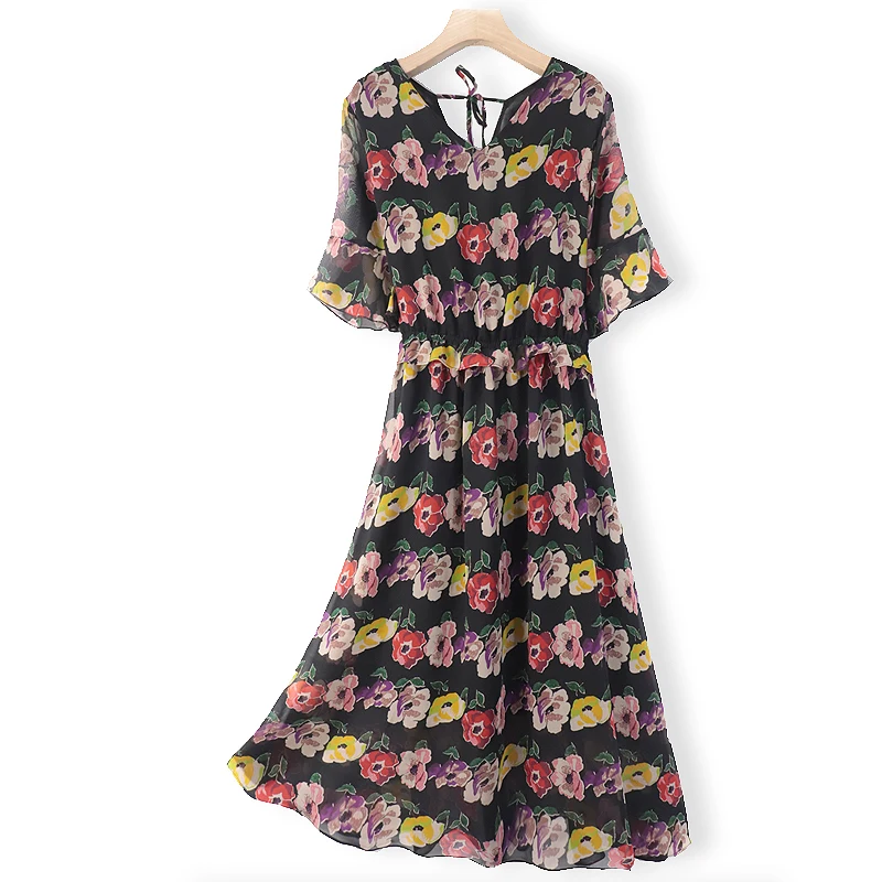 BirdTree Real Silk Party Dress, Women's Bufferfly Sleeve Elegant Printed Commute A-Line Dresses, 2024 Spring Summer New D41687QC