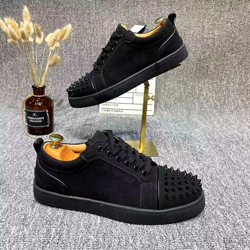 large size mens casual studded shoes lace-up cow suede leather rivets shoe stage singer DJ dress black flats spikes sneakers man