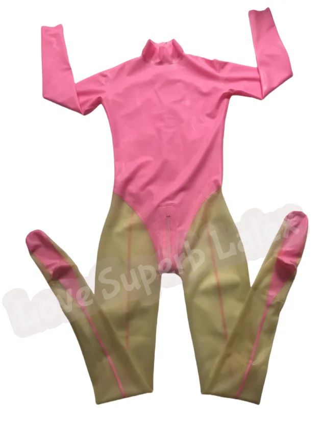 

Handmade Sexy Women Pink With Transparent Latex Catsuit Rubber Latex Bodysuits With Socks Back and Crotch Zipper
